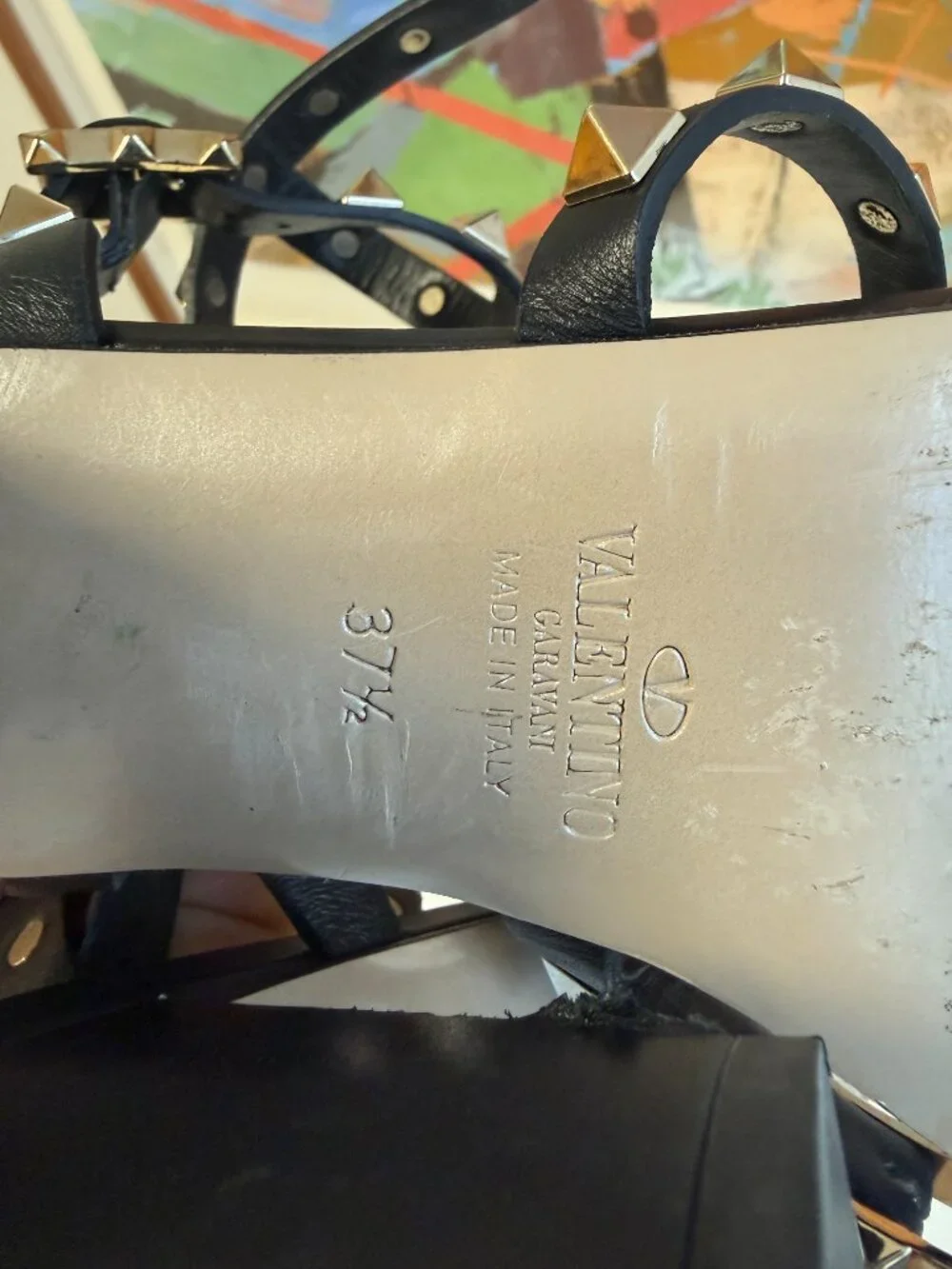 Valentino Garavani Rockstud Black Leather Block Heel Sandal 37.5